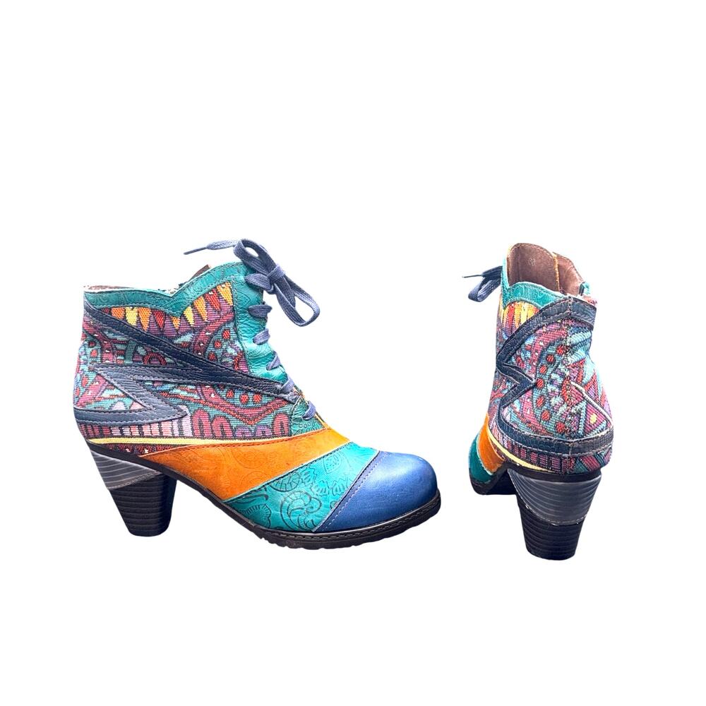 Socofy Women’s Size 38 US 7.5-8 Colorful Art Print Lace Up Ankle Heel Boots